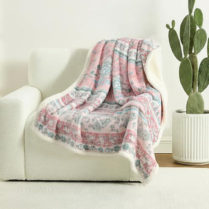 Boho Chic Sherpa Fleece Throw Blanket with Ultra-Soft Cozy Lining,Bohemian Patterned Throws for Sofa,Couch,Bed - color: Boho-pastel Pink, size: 60" x 80"