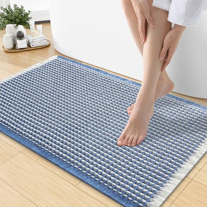 Smiry Waffle Bath Mat 30X18, Soft Absorbent Bathroom Rugs, Blue & Cream - color: Blue & Cream, size: 30'' X 18''