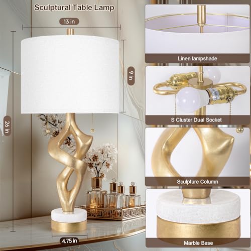 Scenekoy 26” Table Lamp Set of 2 with USB Ports for Bedroom Living Room - size: 26 inches Gold Leaf -028-2