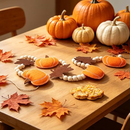 6.8 FT Fall Pumpkin Garland with Maple Leaves and Wood Beads, Autumn Decor - color: Pumpkin