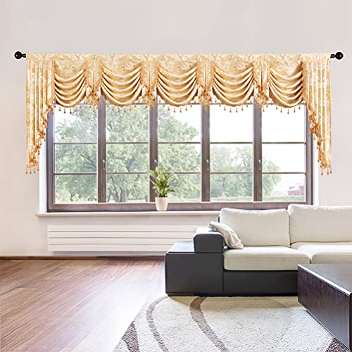 ELKCA European Style Golden Jacquard Swag Waterfall Valance for Living Room Bedroom Curtains Damask Curtain Valance for Kitchen (Damask-Golden, W138Inch, 1 Panel) - color: Valance,damask-golden, size: 138"W x 43"L (Pack of 1)