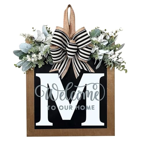 Last Name All Year Round Front Door Wreath with 26 Initial Letter Welcome Sign All Seasons Eucalyptus Garland and Bow ，Farmhouse, Porch, for Spring Summer Fall All Seasons Holiday Halloween Christmas. (M) - color: M
