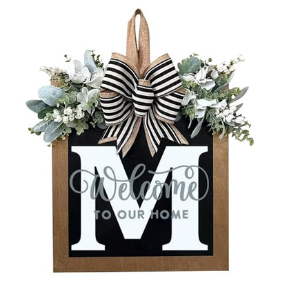 Last Name All Year Round Front Door Wreath with 26 Initial Letter Welcome Sign All Seasons Eucalyptus Garland and Bow ，Farmhouse, Porch, for Spring Summer Fall All Seasons Holiday Halloween Christmas. (M) - color: M