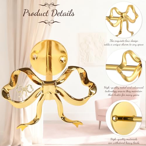 2 Pack Metal Bow Curtain Holdbacks Tiebacks, Wall Mounted Curtain Hooks, Bow Curtain Tiebacks for Living Room Bedroom Office Home, Gold