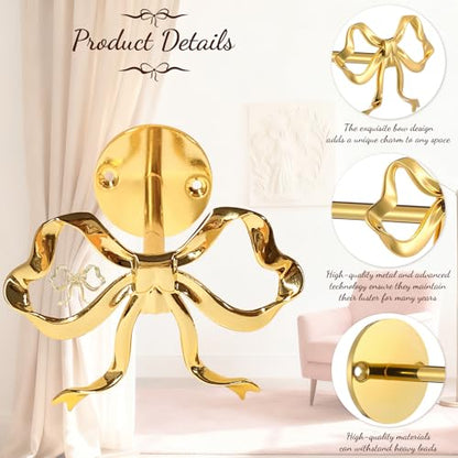 2 Pack Metal Bow Curtain Holdbacks Tiebacks, Wall Mounted Curtain Hooks, Bow Curtain Tiebacks for Living Room Bedroom Office Home, Gold