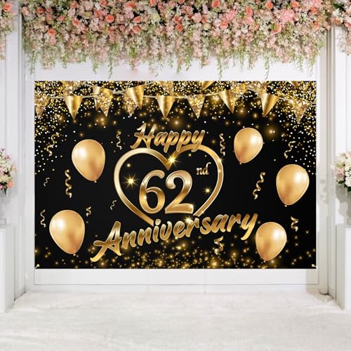 Happy 62nd Anniversary Backdrop Party Decorations, Black Gold Glitter Bokeh Dots Valentine's Day Wedding Anniversary Party Photo Background Cake Table Banner Extra Large Wall Decor Props. 6 * 4ft (62) - color: 62