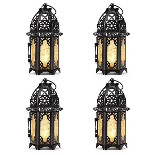 IMAGE Metal Candle Lanterns 6.7" H Hanging Lanterns Moroccan Birdcage Holders with Glass Creative Wedding Home Tabletop Decoration, Black (4)