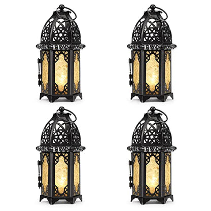 IMAGE Metal Candle Lanterns 6.7" H Hanging Lanterns Moroccan Birdcage Holders with Glass Creative Wedding Home Tabletop Decoration, Black (4)