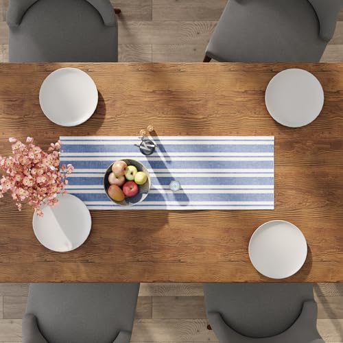 Encasa XO Table Runner, Woven Cotton Dining Linens 13"x36" Blue - color: Franca Blue Stripes, size: 13x36 in