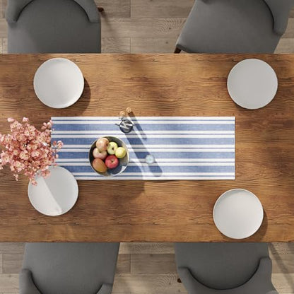 Encasa XO Table Runner, Woven Cotton Dining Linens 13"x36" Blue - color: Franca Blue Stripes, size: 13x36 in