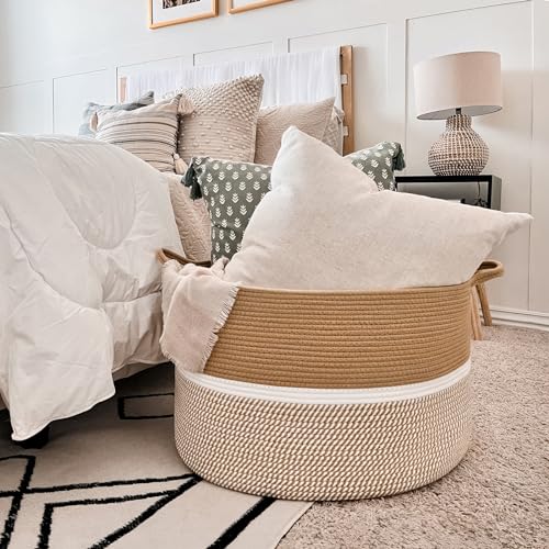 CHICVITA XXL Cotton Rope Woven Blanket Basket with Handles, Brown & White - color: Brown and White