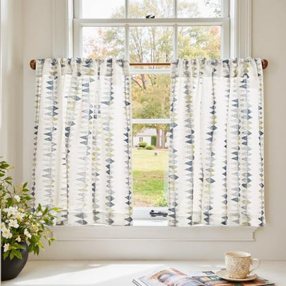 jinchan Dusty Blue Linen Kitchen Tier Curtains 24 Inch Modern Boho 2 Panels - color: Tribal | Dusty Blue on Linen, size: 26"W x 24"L (Pack of 2)