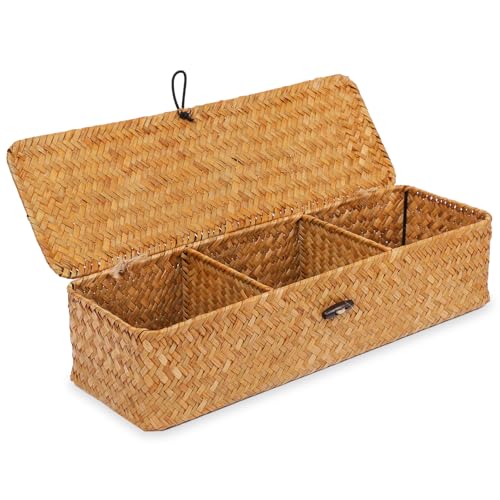 Nonam 3-Section Divided Storage Small Basket with Lid,Shelf Basket-Natural - color: 3-Divided - Natural