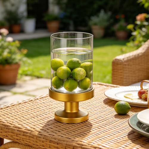 Glass Hurricane Candle Holders and Glass Vase with Minimalism Metal Base in Antique Brass, Handmade and Sturdy Glass, Pillars, Flower Arrangement, Centerpiece, Dining Table (Antique Brass, 6"x11") - color: Antique Brass, size: 6"x11"