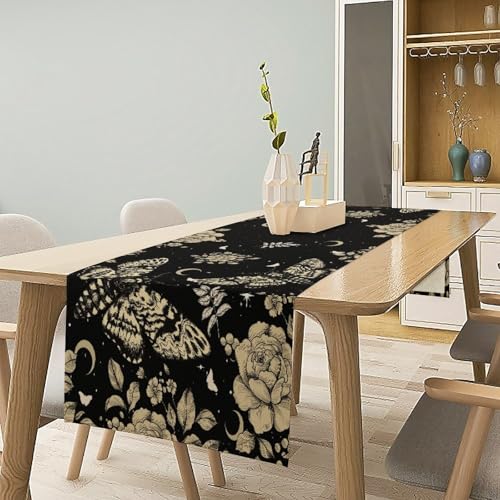 Moth Moon Table Runner,Fantasy Bohemian Nature Floral Starry Sun and Moon Gothic Skull Moth Butterfly Table Top Restaurant Dining Kitchen Wedding Party 13x36 Inch - color: Moon Style-31, size: W13X L36