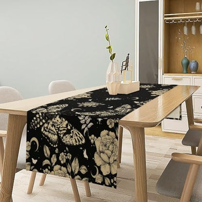 Moth Moon Table Runner,Fantasy Bohemian Nature Floral Starry Sun and Moon Gothic Skull Moth Butterfly Table Top Restaurant Dining Kitchen Wedding Party 13x36 Inch - color: Moon Style-31, size: W13X L36