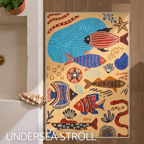 jinchan 2x3 Coastal Area Rug Washable Kids Rug Colorful Ocean Fish Mat, Tan - color: Undersea Stroll Light Taupe, size: 2' x 3' (Rectangular)