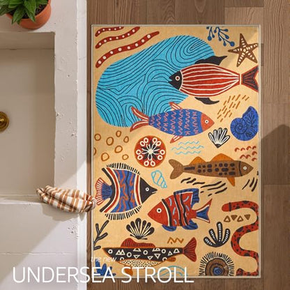 jinchan 2x3 Coastal Area Rug Washable Kids Rug Colorful Ocean Fish Mat, Tan - color: Undersea Stroll Light Taupe, size: 2' x 3' (Rectangular)