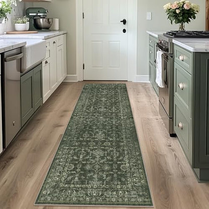 2x6 Washable Kitchen Runner Rug Non-Slip Boho Dark Green Throw Carpet - color: Dark Green, size: 2' x 6' (Runner)