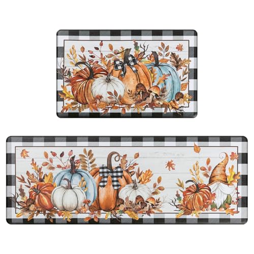 SHACOS Fall Anti Fatigue Kitchen Mats Pumpkins Gnome 17x27.5+17x47 | Orange Maple Black White Checkered Autumn Harvest Cushioned Kitchen Rugs Sets of 2 Non Slip Kitchen Floor Mat - color: Pumpkins Black Plaid