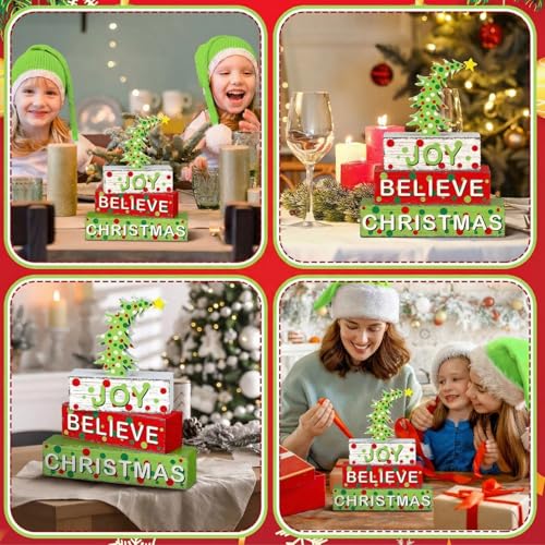 Geelin 4 Pcs Christmas Tree Green Wooden Table Blocks Tiered Tray Decor - style: Christmas Tree