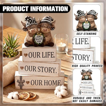Yousoontic 4 Pcs Sweet Home Highland Cow Figurines, Rustic Farmhouse Decor - style: Home