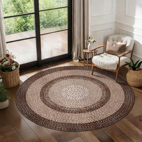 RUGSREAL Modern Bordered Round Area Rug 4ft Washable Bedroom Circle Rugs - color: Brown, size: 4' (Round)