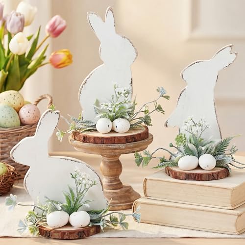 AceOrbit 3 Pcs Spring Wooden Bunny Table Decor, Rustic Rabbit Centerpieces