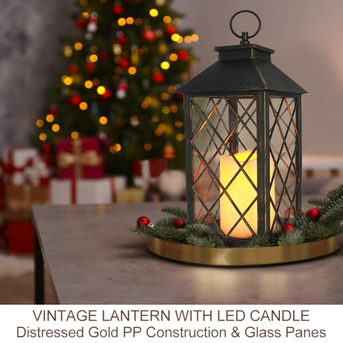 2-Pack 13.5" Vintage Candle Lantern with LED Candle (Distressed Gold, 6hr Timer) - IP44 Waterproof Outdoor Hanging Lanterns Battery Powered - Tabletop Lantern Decorative Home Lanterns - color: [2-Pack] Distressed Gold Lantern - White Candle
