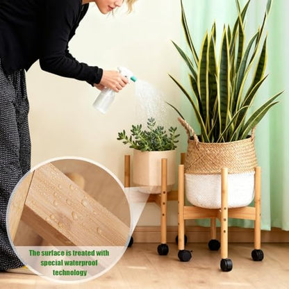 Adjustable Wooden Plant Stand with Wheels 3 Height Adjustment Fits 11.81inch Pots Mid Century Modern Outdoor & Indoor Planter Holder for Home Corner (Plants Not Included) L