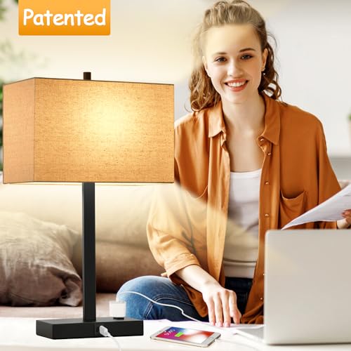 21" Touch Bedside lamps with 2 USB & AC Outlets, 3-Way Dimmable Bedside Table Lamps Set of 2 for Bedroom Living Room Office Reading, Beige Linen Shade Lamps for Night Stands, 2700K LED Bulbs Included - color: Beige Linen & Matte Black