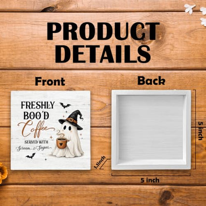 Halloween Freshly Boo'd Coffee Ghost Wood Box Sign Desk Decor 5X5 - color: Witchy Coffee