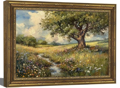 Vintage Gold Framed Landscape Wall Art Floral Meadow with Oak Tree Painting Picture Wall Decor Rustic Nature Cottagecore Poster Print Art Rustic Country Antiques for Living Room Study Bedroom Office - color: Rural scenery, size: 11"L x 9"W, style: Vintage
