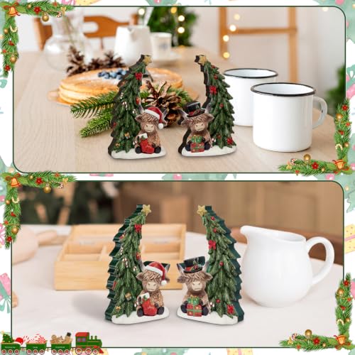 Yuntau 2 Pcs Christmas Highland Cow Figurines Decor Wooden Highland Cows Statues with Christmas Tree Table Ornament Gift for Home Decor Xmas Party Supplies Decoration - style: Christmas Highland Cow