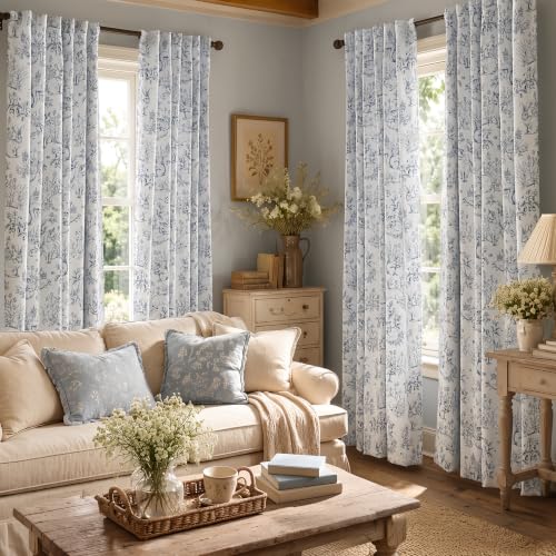 jinchan Blue Blackout Curtains 84 Inch Woodland Back Tab 2 Panels - color: Blue on Beige, size: 50"W x 84"L (Pack of 2)