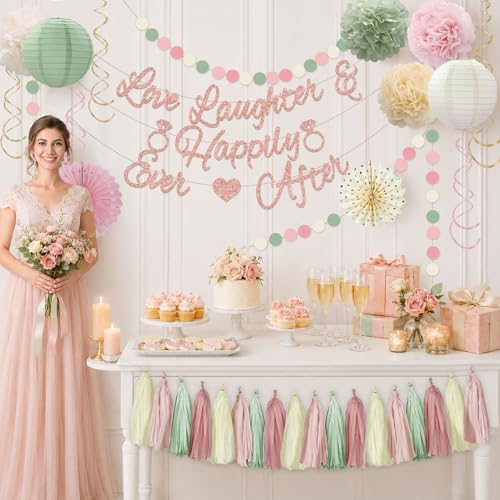 Bridal Shower Decorations,Sage Green Pink Bridal Shower Decorations Includes Love Laughter Happily Ever After Decorations Paper Flower Ball Wedding Decorations for Home Party Bachelorette Party - style: Pink