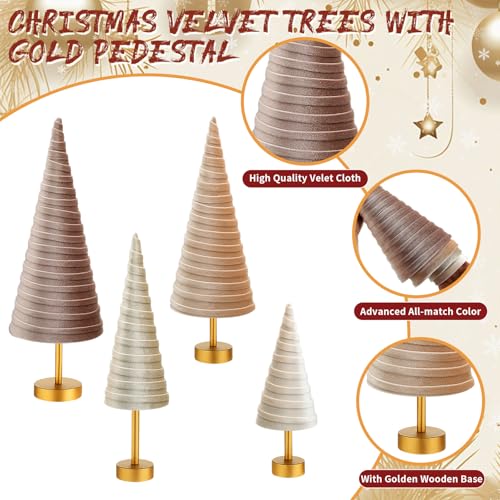 Hoolerry 4 Pcs Christmas Velvet Trees with Gold Pedestal, Nude Tone - color: Nude Tone