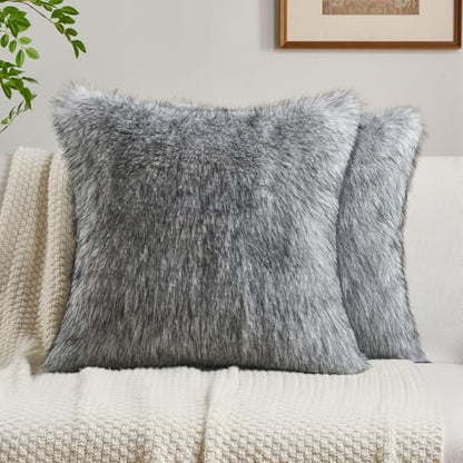 FUTEI Pack of 2 Faux Raccoon Fur Throw Pillow Covers 45 x 45 cm, Grey White - color: Grey White