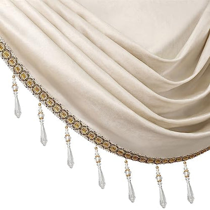 ELKCA Luxury Cream Velvet Curtain Valances for Living Room with Beads(110inch,1 Panel) - color: Cream, size: 110"W x 43"L (Pack of 1)