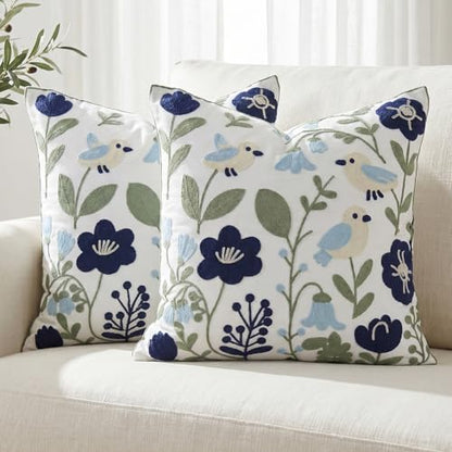 Navy Blue Bird Floral Embroidered Pillow Covers 20x20 Set of 2 - color: Navy Blue Green, size: 20" x 20" (Pack of 2)