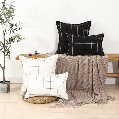 Pure Linen Plaid Throw Pillow Covers 16x16, Set of 2, Black - color: Black, size: 16x16inch