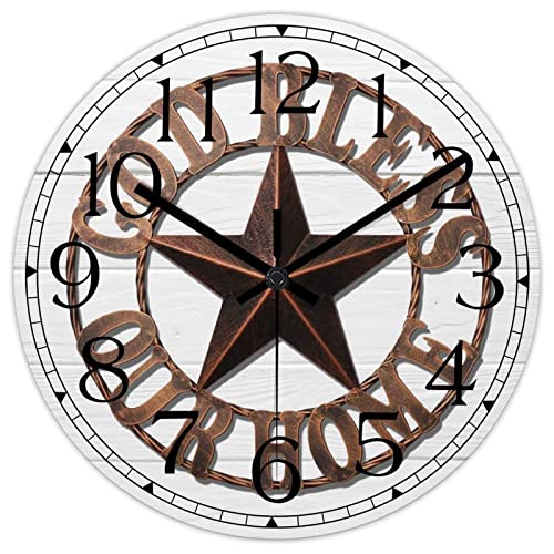 Round Farmhouse Wall Clock Western Texas Star Country Style Wood Clock Quiet Non-Ticking Battery Operated Easy to Read Classic Wall Art Analog Clock for Living Room Kitchen Bathroom 10 Inch - color: Style-1, size: 10in
