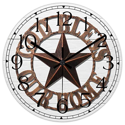 Round Farmhouse Wall Clock Western Texas Star Country Style Wood Clock Quiet Non-Ticking Battery Operated Easy to Read Classic Wall Art Analog Clock for Living Room Kitchen Bathroom 10 Inch - color: Style-1, size: 10in