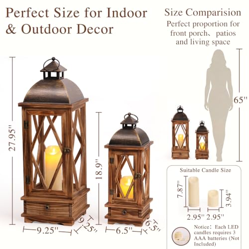 Decorative Wooden Candle Lanterns Set of 2, Rustic Farmhouse Indoor Outdoor