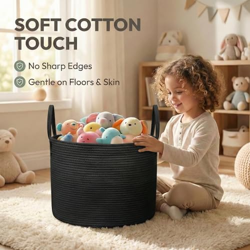 JMvicyroam 65L Extra Large Machine Washable Cotton Rope Blanket Basket - color: Black, size: 65L
