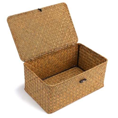 Nonam Small Wicker Basket with Lid,Seagrass Shelf Storage Basket,Natural - color: S-Natural