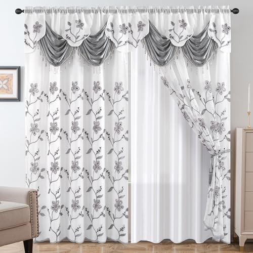 Petrichor Embroidered Sheer Curtain 2 Panels Set - Luxury Window Curtain Attached Valance with Satin Backing and 2 Tie Backs for Living Room,Dining Room, 54x84 inches, Gray - color: Grey, size: 54"W x 84"L (Pack of 1)