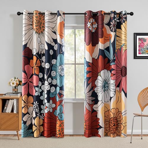 MYSKY HOME Boho Floral Blackout Curtains 84 inch Long for Living Room Thermal Insulated Privacy Protect Noise Reduction Black Out Flower Pattern Grommet Drapes for Dining Room Bedroom, 2 Pcs, 52" Wide - color: Z-boho Floral, size: 52"W x 84"L (Pack of 2)