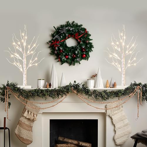 Vanthylit White Birch Tree with LED Lights - Set of 2, Tabletop Tree with Timer, Christmas Decorations Lighted Tree for Indoor Mantel Home Decor (2 FT, 24 LED) - size: 2pk Birch Tree