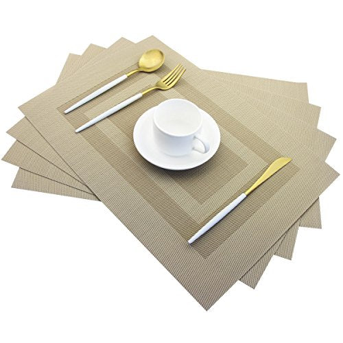 PIGCHCY Placemats Heat Resistant Non Slip Plastic Table Mats Washable Easy to Clean Woven Vinyl Kitchen Durable Placemats for Dining Table Set of 4 (Beige) - color: Box: Deep Beige, size: 4 Placemats